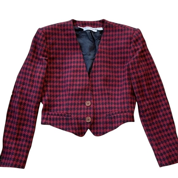 Vtg Anne Klein II Wool Cashmere Houndstooth Cropped Jacket Red Black Size 8 - Picture 1 of 9